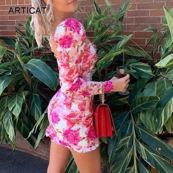  Floral Printed Dresses Women Puff Long Sleeve Square Neck Bodycon Mini Dresses